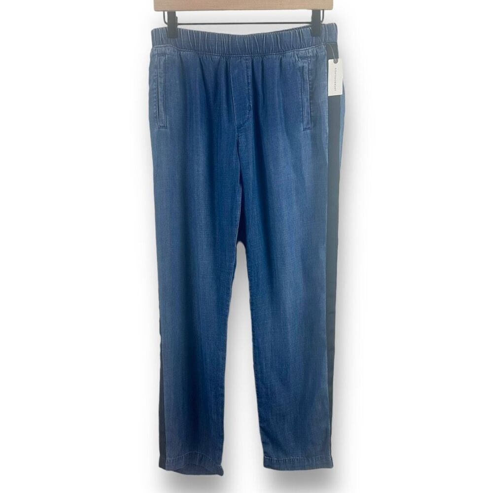 Anthropologie Women's S Pull On Denim Trouser Pants Blue Black Track Stripe New